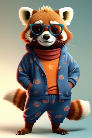 Dressed animals - [Anthropomorphic Hairy Red panda Bear with retro glasses and dot pijama,disney pixar style,masterpiece