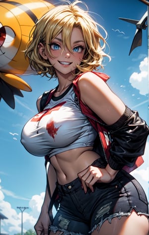 high resolution, busty girl, 1 girl, female_single, (girl tall: 1.2), wide body, short hair, blonde, big boobs, punk look, short white T-shirt, shorts, tight pants, bleeding, corpulent, blue eyes, school background , wide hips, mischievous smile,starfishbreasts,Android_18_DB,tohru,SAM YANG,anis nikke