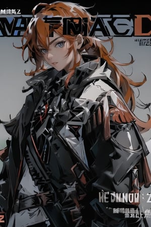 looking_at_viewer, open jacket upper body, urban techwear, Defaults17Style, 1boy, jewelry, solo BREAK ((magazine cover), english text:1.5),akali, masterpiece, best quality, highres, diluc (genshin impact), 1boy , solo, (red hair:1.1), long hair, bright red hair, hair tied in a high pony goes down to the middle of the back , (redcolored hair:1.1),urban techwear