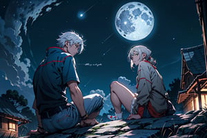 moonlit night, bright moon, full blue moon, moonlit sky, moon, stars, shiny stars, anime sky, anime, cinematic moon light,sitting moon,moonriver