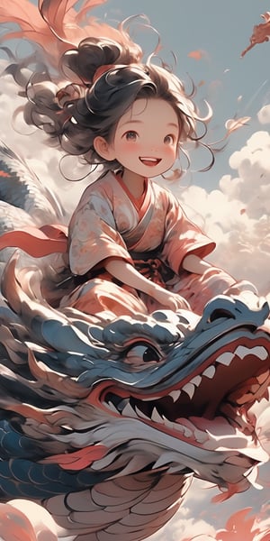 (young girl riding on top of a dragon while the dragon flies above the cloud, in the style of Loish), smiling and beautiful, kimono, laughing and having fun, (hair blowing in the wind, god rays), (heavenly and ethereal:1.3), More Detail XL, princess