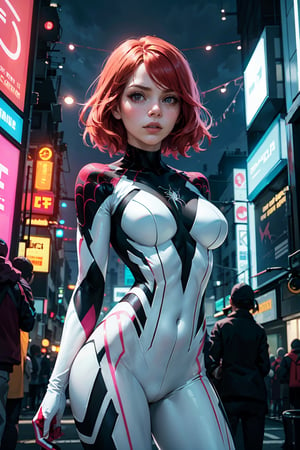 Masterpiece, Best Quality, family friendly, 1girl, Emma Stone, Spider-Gwen costume, white pink costume, spider web pattern, red hair, neon city, expressionless , futuristic,, looking at viewer 