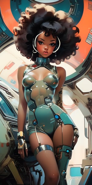 (beautiful pinup girl by Loish, Leyendecker, James Gilleard, afro), leaning back, cute face, anatomically_correct, (sexy and aesthetic), (cybernetic, cyborg:0.3), vintage 1970s theme and color pallete, retro futuristic, space ship interior background, cyberpunk, (view from below:1.5), txznmec, Cinematic, more detail XL