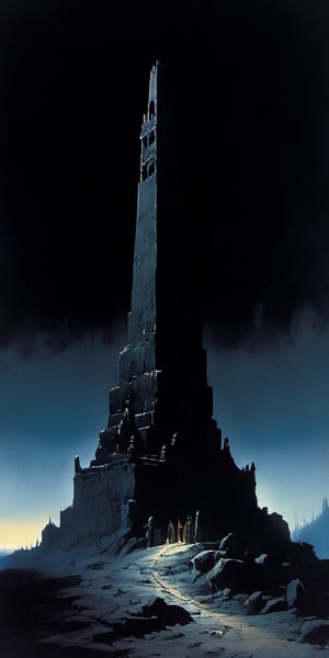 (ancient necropolis by Frank Frazetta), (spooky + ethereal, dark tower rising from a bleak horizon), (night time, very dark:1.5),