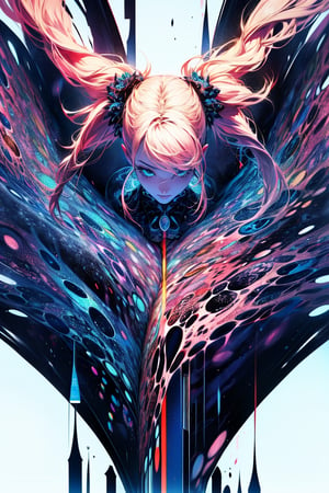 (masterpiece, top quality, best quality, official art, beautiful and aesthetic:1.2), extreme detailed, (abstract, fractal art:1.5), colorful hair, twin tails, highest detailed, detailed_eyes, light_particles, Miyuki Hanae in a pink latex blue space suit, dark neon print background, extremely beautiful, ,sayaairie