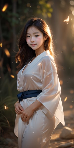 (1 girl, most beautiful korean girl, stunningly beautiful girl, gorgeous girl, over sized eyes, big eyes, smiling, looking at viewer, yukata, bashful, in love, drunk, fireflies in background, alluring smile, beautiful small hands, photo of perfecteyes eyes), masterpiece:1.4, best quality, high resolution, UHD, realism, realistic, depth of field, wide view, raytraced, full length body, mystical, luminous, translucent, beautiful, stunning, a mythical being exuding energy, textures, breathtaking beauty, pure perfection, with a divine presence, unforgettable, and impressive, bokeh background, highly detailed, vibrant, production cinematic character render, ultra high quality model, (Full HD render + immense detail + dramatic lighting), luminous, translucent, (light particles, lens flare:1.1), 