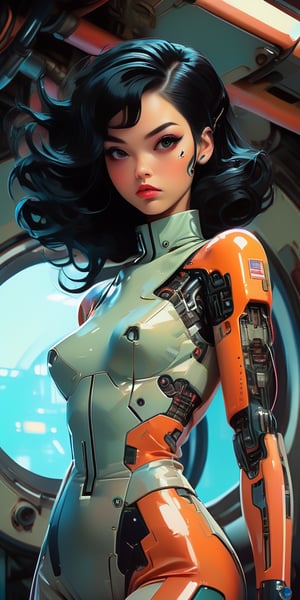 (beautiful pinup girl by Loish, Leyendecker, James Gilleard), (Japnase, black straight hair), in the engineering bay, cute face, anatomically_correct, (sexy and aesthetic), (cybernetic, cyborg:0.3), vintage 1970s theme and color pallete, retro futuristic, space ship interior background, cyberpunk, (view from below:1.5), txznmec, Cinematic, more detail XL