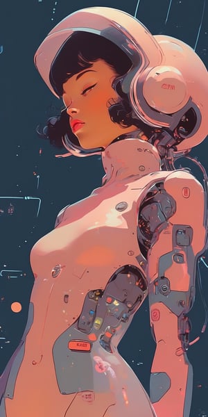(by Loish, Leyendecker, James Gilleard), beautiful pinup girl, leaning back, cute face, anatomically_correct, (sexy and aesthetic), (cybernetic, cyborg:0.3), 1970s theme and color pallete, retro futuristic, space ship interior background, cyberpunk, txznmec,