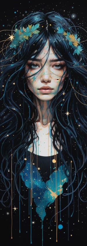 (in the style of Carne Griffiths, Conrad Roset), beautiful, pitchblack background, long flowing black hair full of LED strings and stars, midnight, hands clasped, more detail XL,art_booster