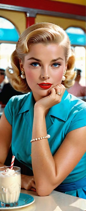 (1950s pinup girl Grace Kelly), (purposefully beautiful:1.4), (sitting in a diner, milkshake with a straw and cherry on top, blonde, blue eyes, super cute face, cute dimples, resting her hands on her chin), (source_real, ultra_realistic:1.4), (beautiful and professional photograph:1.2), (classic Hollywood glamour photograph:1.2), More Detail XL
