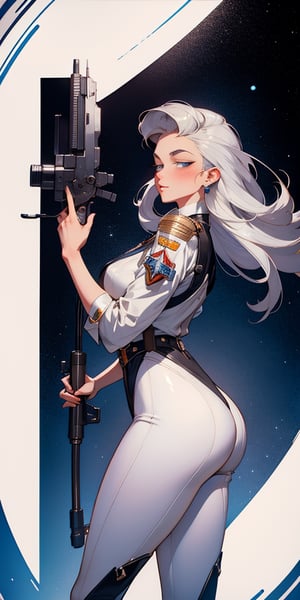 (by Loish, Leyendecker, james gilleard), sideview, perfect anatomy, 1920s pinup girl, cute face, long hair, retro space theme, silver, rivets, blaster pistols, more detail XL