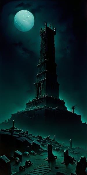 (ancient necropolis by Frank Frazetta), (spooky + ethereal, dark tower rising from a bleak horizon), (night time, very dark:1.5),

