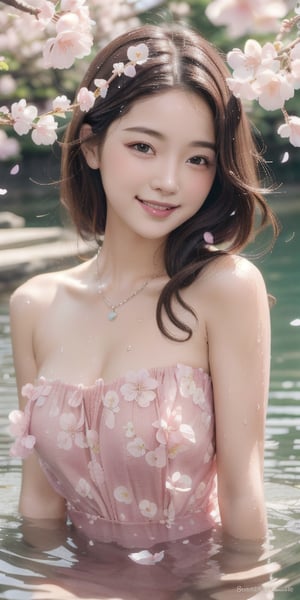 beautiful pinup girl, japanese, solo, cute head tilst, smiling, looking at viewer, flowers, partially submerged, waterfalls in the background