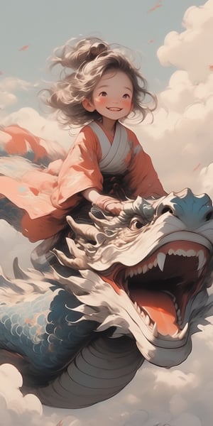 (young girl riding on top of a dragon while the dragon flies above the cloud, in the style of Conrad Roset, Nicola Samori), smiling and beautiful, kimono, laughing and having fun, (hair blowing in the wind, god rays), (heavenly and ethereal:1.3), More Detail XL, princess