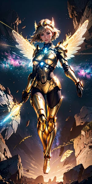 photorealistic:1.5, masterpiece, best quality, absurdres, uhd extremely high quality RAW photograph, dynamic_angle, perfect proportions, detailed body,  intricate body details, low camera field view, soft_light, (Rosamund Pike as a golden  angel with four (4) wings, neon metal angel wings, metal Valkyrie armor costume, head circlet), futuristic setting, crashed spaceship background, large_breast, slim_waist, curvy_hips, (full_body), light_particles, starry
