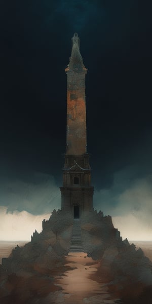 (ancient necropolis by Conrad Roset, Nicola Samori), (spooky + ethereal, dark tower rising from a bleak horizon), (night time, very dark:1.5), highly detailed, cinematic render, ultra high quality model,  (Full HD render + immense detail + dramatic lighting), 
