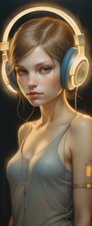 (highly detailed fantasy art masterpiece by Michael Shapcott, Marc Simonetti,) beautiful young woman with glowing headphones, glowing notes, magical glow, halo, golden ratio, alluring figure, heavy brushstrokes, dreamscape dark background, bioluminescent, vibrant, intricate mystical aura, intricately detailed, hyperrealism, dynamic light and composition