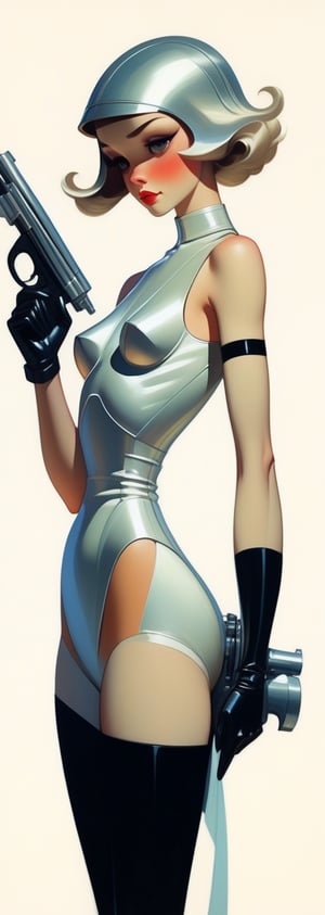 (by Loish, Leyendecker, james gilleard), perfect anatomy, 1920s pinup girl, retro space theme, silver fins, blaster pistols, more detail XL,samdoesart