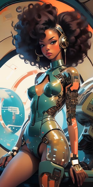 (beautiful pinup girl by Loish, Leyendecker, James Gilleard, afro), leaning back, anatomically_correct, (sexy and aesthetic), full body:0.8, (cybernetic, cyborg:0.3), 1970s vintage theme and color pallete, retro futuristic, space ship interior background, cyberpunk, txznmec, more detail XL,Cinematic 