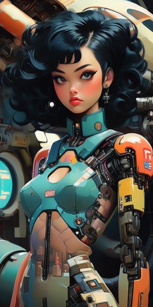 (beautiful pinup girl by Loish, Leyendecker, James Gilleard), (Japnase, black hair, punk style), in the engineering bay, cute face, anatomically_correct, (sexy and aesthetic), (cybernetic, cyborg:0.3), vintage 1970s theme and color pallete, retro futuristic, space ship interior background, cyberpunk, txznmec, Cinematic, more detail XL