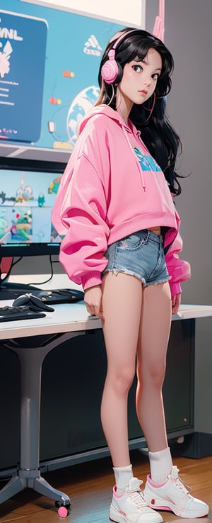 (side view of an etheraly beautiful Korean girl by Akira Toriyama), super long straight black hair, tired expression, expressive eyes, looking at the camera lazily, (wearing an oversized white hoodie:1.2), (oversized neon pink gaming headphones:1.2), (mini denim shorts accentuating beautiful long legs:1.1), white sneakers, posing in a gaming chair, holding a custom game controler, playing pc games, one shoulder, leaning on her cheek with the other hand, super wide angle, backlight, light and dark effects, realistic style