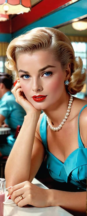 (1950s pinup girl Grace Kelly), (purposefully beautiful:1.4), (sitting in a diner, milkshake with a straw and cherry on top, blonde, blue eyes, super cute face, cute dimples, resting her hands on her chin), (source_real, ultra_realistic:1.4), (beautiful and professional photograph:1.2), (classic Hollywood glamour photograph:1.2), More Detail XL
