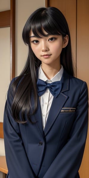 Komi Shouko, black long straight hair, large deep black eyes, super cute face, shy, closed mouth, blush, oil painting, detailed, masterpiece, (blue jacket, bowtie, collared shirt, japanese school uniform:1.2), 
,komi_shouko