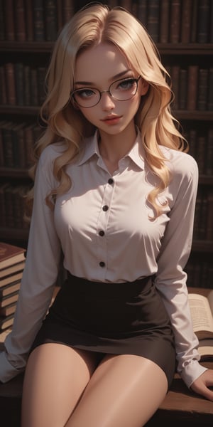 (score_9, score_8_up), score_7_up, head to thigh view, tiny, slender, beautiful librarian, sitting, posing, reading a book in the dark corner of the library, eye_glasses, extra long blonde wavy hair, (dark micro skirt:1.1), (long sleeves collared shirt, white), (smirk:0.5), pov,