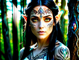 an elven-style woman with dark hair with black eyes and the pupil shines like the light passing through a prism, her white skin with a magical frosty glow and with tribal tattoos that enhance the backlight, a dark forest with huge trees