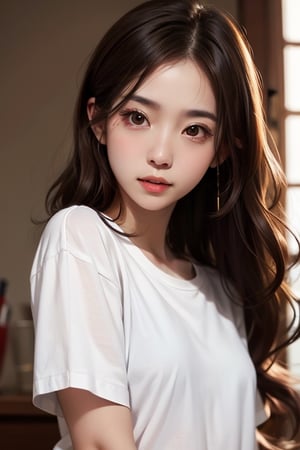 Smooth, beautiful woman, mixed Asian woman, petite woman, long wavy hair, wear big shirt, wear short. playful girl, sexy face, brown hair, Sharp round eyes, Small nose, playing,  realistic posture