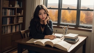 high angle panorama  shot, a beautiful big-eyed woman, mixed Russian Asian girl, skinny and tall, very glossy skin, a girl's position is on the right corner with a big ratio of window, looking at a book, the sitting in a tranquil study environment with natural lighting, big glass window, autumn scene outside a window, a big computer screen on a table, visionary art, expressionism, delicate, beautiful, primordial,  intricate, surreal, long wavy hair, playful girl, brown hair, Sharp round eyes, realistic,  a clutter-free study desk with books, notebooks, and study supplies neatly organized, a serene atmosphere