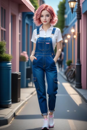 (A woman with pink hair is shown standing on the street: 1.4), (she wears blue overalls: 1.2), (The movie camera captures all her beauty), (Full body image of a teenage girl: 1.4), (with bright pink and blue hair colors: 1.4), (pink hair, bright blue: 1.4), Stunning 3D fantasy rendering, smile, (blue eyes: 1.4), (pale white skin: 1.4) , (A beautiful young woman dressed to celebrate Halloween, every detail is captured with astonishing realism, the beautiful young woman is the protagonist of a Hollywood movie), (1 teenager: 1.4), (beautiful blue eyes: 1.4), glamorous hairstyle in two tones, forbidden beauty, hyperreal, cute flutter aesthetic, detailed human. , curly hair, exceptionally beautiful, icon dating app, high quality and high level of detail, hyper-realistic, sharp focus, natural lighting with subsurface scattering. f/2 aperture, 35mm focal length, film grain. High quality image and great detail, 8k resolution