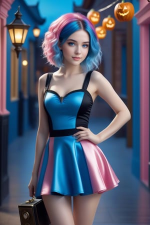 (The movie camera captures all her beauty), (Full body image of a teenage girl: 1.4), (with bright pink and blue hair: 1.4), (pink, bright blue hair: 1.4), (her hands are perfect and beautiful: 1.4) Stunning fantasy 3D rendering, smile, (blue eyes: 1.4), (pale white skin: 1.4), (A beautiful young woman dressed to celebrate Halloween, every detail is captured with astonishing realism , the beautiful young woman is the protagonist of a Hollywood movie), (1 teen girl: 1.4), (beautiful blue eyes: 1.4), glamorous two-tone hairstyle, forbidden beauty, hyperreal, cute flutter aesthetic, detailed human, hair curly, exceptionally beautiful, dating app with icons, high quality and high level of detail, hyper-realistic, sharp focus, natural lighting with subsurface scattering. f/2 aperture, 35mm focal length, film grain. High quality image and great detail, 8k resolution.
