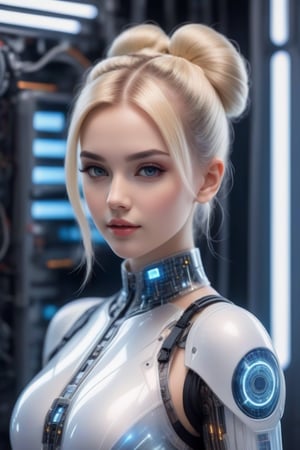 Blonde hair tied in a bun, forbidden beauty, cute 20s girl, cyborg girl, led mechanics, motherboard, ultra-detailed translucent plastic suit, futuristic.