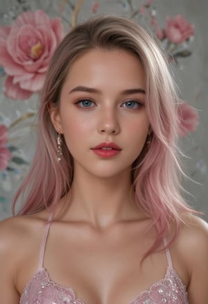 A woman with pink hair poses for a photograph, detailed photorealistic, sexy young woman, Lalisa Manobal, ash-blonde greyish hair, flower-faced girl, bust with a beautiful neck, woman from Ukraine, face shown, very clear face, photorealistic face, dark blonde hair, (white background:1.45), coral, rose gold, UHD image.