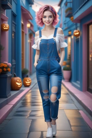 (A woman with pink and blue hair appears standing on the street: 1.4), (she wears blue denim overalls torn at her knees: 1.2), (The movie camera captures all her beauty), (small, short index fingers of golden ratio: 1.4), (beautiful and perfect hands of divine proportion, small index finger: 1.4): (Full body image of a teenage girl: 1.4), (with bright pink and blue hair colors: 1.4), (hair pink, bright blue: 1.4), Stunning 3D fantasy rendering, smile, (blue eyes: 1.4), (pale white skin: 1.4), (A beautiful young girl dressed to celebrate Halloween, every detail is captured with astonishing realism, the beautiful young woman is the protagonist of a Hollywood movie), (1 teenager: 1.4), (beautiful blue eyes: 1.4), glamorous two-tone hairstyle, forbidden beauty, hyperreal, cute flutter. aesthetic and detailed human. , curly hair, exceptionally beautiful, dating app with icons, high quality and high level of detail, hyper-realistic, sharp focus, natural lighting with subsurface scattering. f/2 aperture, 35mm focal length, film grain. High quality image and great detail, 8k resolution