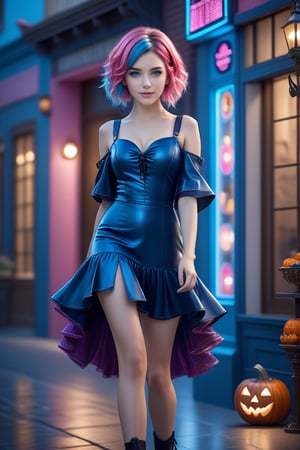 (The movie camera captures all her beauty), (Full body image of a teenage girl: 1.4), (with bright pink and blue hair: 1.4), (pink, bright blue hair: 1.4), (her hands are perfect and beautiful: 1.4) Stunning fantasy 3D rendering, smile, (blue eyes: 1.4), (pale white skin: 1.4), (A beautiful young woman dressed to celebrate Halloween, every detail is captured with astonishing realism , the beautiful young woman is the protagonist of a Hollywood movie), (1 teen girl: 1.4), (beautiful blue eyes: 1.4), glamorous two-tone hairstyle, forbidden beauty, hyperreal, cute flutter aesthetic, detailed human, hair curly, exceptionally beautiful, dating app with icons, high quality and high level of detail, hyper-realistic, sharp focus, natural lighting with subsurface scattering. f/2 aperture, 35mm focal length, film grain. High quality image and great detail, 8k resolution.