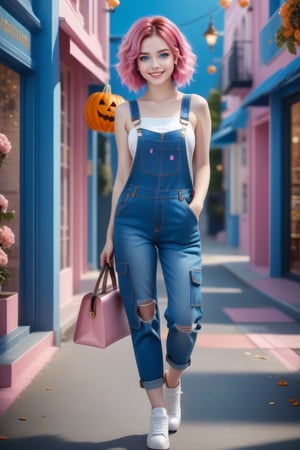 (A woman with pink and blue hair appears standing on the street: 1.4), (she wears blue denim overalls torn at her knees: 1.2), (The movie camera captures all her beauty), (small, short index fingers of golden ratio: 1.4), (beautiful and perfect hands of divine proportion, small index finger: 1.4): (Full body image of a teenage girl: 1.4), (with bright pink and blue hair colors: 1.4), (hair pink, bright blue: 1.4), Stunning 3D fantasy rendering, smile, (blue eyes: 1.4), (pale white skin: 1.4), (A beautiful young girl dressed to celebrate Halloween, every detail is captured with astonishing realism, the beautiful young woman is the protagonist of a Hollywood movie), (1 teenager: 1.4), (beautiful blue eyes: 1.4), glamorous two-tone hairstyle, forbidden beauty, hyperreal, cute flutter. aesthetic and detailed human. , curly hair, exceptionally beautiful, dating app with icons, high quality and high level of detail, hyper-realistic, sharp focus, natural lighting with subsurface scattering. f/2 aperture, 35mm focal length, film grain. High quality image and great detail, 8k resolution