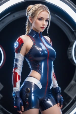 Blonde hair braided and tied back in a bun, forbidden beauty, cute 26 year old girl with her hands behind her back, (shown standing and looking straight ahead: 1.4), cyborg girl, LED mechanics, motherboard, ultra-detailed translucent plastic suit mixed with red and navy blue leather, (the beautiful suit reveals her beautiful legs and waist: 1.3), she wears gloves on her translucent plastic hands, futuristic.