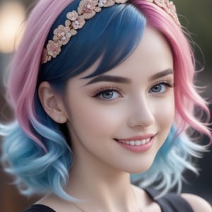 (Half-length image of a teenage girl: 1.4), (with bright pink and blue hair: 1.4), (pink, blue bright hair: 1.4), stunning fantasy 3D rendering, toothy smile, (blue eyes: 1.4) , (pale white skin: 1.4), upper body, (1 teen girl: 1.4), (beautiful blue eyes: 1.4), two-tone glamorous hairstyle, forbidden beauty, hyperreal, flutter cute aesthetic, detailed human, hair curly, exceptionally beautiful, dating app icon, high quality and high detail, Hyperrealistic, sharp focus, natural lighting with subsurface dispersion. f/2 aperture, 35mm focal length, film grain. High quality image and great detail, 8k resolution.