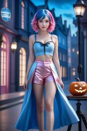 (The movie camera captures all her beauty), (Full body image of a teenage girl: 1.4), (with bright pink and blue hair: 1.4), (pink, bright blue hair: 1.4), Stunning fantasy 3D rendering, smile, (blue eyes: 1.4), (pale white skin: 1.4), (A beautiful young woman dressed to celebrate Halloween, every detail is captured with astonishing realism, the beautiful young woman is the protagonist of a movie Hollywood), (1 teen girl: 1.4), (beautiful blue eyes: 1.4), glamorous two tone hairstyle, forbidden beauty, hyperreal, cute flutter aesthetic, detailed human, curly hair, exceptionally beautiful, icon dating app, high quality and high level of detail, hyper-realistic, sharp focus, natural lighting with subsurface dispersion. f/2 aperture, 35mm focal length, film grain. High quality image and great detail, 8k resolution.