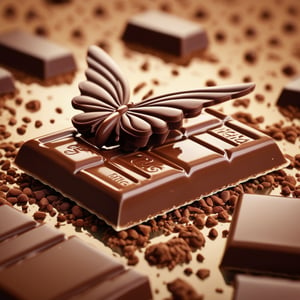 A close-up of a chocolate bar, 3D icon for a commercial, art style: Ilya Kuvshinov, cute aesthetic with fluttering wings, ray-traced radiosity, by Johannes Mytens, dredged seabed, crystal inlays, 3Dcoat H 648, Brom redshift, illustration, 8k.