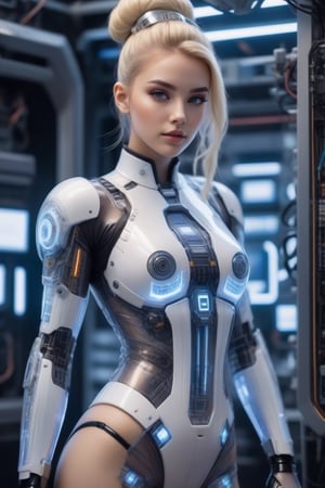 Blonde hair tied in a bun, forbidden beauty, cyborg girl, led mechanics, motherboard, ultra-detailed translucent plastic suit, futuristic.