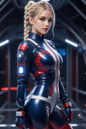 Blonde hair braided and tied back in a bun, forbidden beauty, cute 26 year old girl with her hands behind her back, (shown standing and looking straight ahead: 1.4), cyborg girl, LED mechanics, motherboard, ultra-detailed translucent plastic suit mixed with red and navy blue leather, (the beautiful suit reveals her beautiful legs and waist: 1.3), she wears gloves on her translucent plastic hands, futuristic.