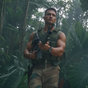 A soldier looking straight ahead in the Colombian jungle, inspired by the movie Predator 1. 8k cinema image.