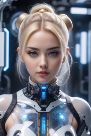 Blonde hair tied in a bun, forbidden beauty, cyborg girl, led mechanics, motherboard, ultra-detailed translucent plastic suit, futuristic.