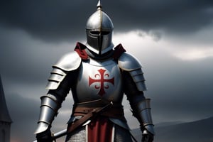 (Full-body Templar Knight: 1.4), with gloves on his hands: 1.4), (Realistic human: 1.4), low angle bathed in dramatic stormy light, enchanted armor gleaming, reigning victorious amidst the chaos of the battlefield, magic weapons flashing, fallen adversaries scattered, dark sky with impending storm, intense and heroic atmosphere. 3D animation, "epic", "orchestral", "cinematic", "heroic", and "thrilling", inspired by Two Steps from Hell. (In the background, flashes of fire: 1.4)