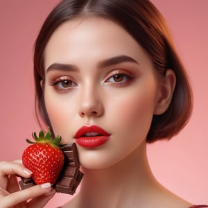 A close-up of a chocolate bar, a cute young woman with a captivating look has the chocolate bar in her mouth, 3D icon for a commercial, art style: Ilya Kuvshinov, cute aesthetic with fluttering wings, ray-traced radiosity, by Johannes Mytens, dredged seabed, crystal inlays, 3Dcoat H 648, Brom redshift, illustration, 8k.