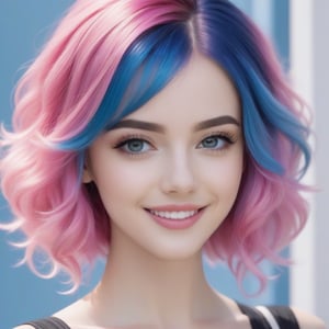 (Half-length image of a teenage girl: 1.4), (with bright pink and blue hair: 1.4), (pink, blue bright hair: 1.4), stunning fantasy 3D rendering, toothy smile, (blue eyes: 1.4) , (pale white skin: 1.4), upper body, (1 teen girl: 1.4), (beautiful blue eyes: 1.4), two-tone glamorous hairstyle, forbidden beauty, hyperreal, flutter cute aesthetic, detailed human, hair curly, exceptionally beautiful, dating app icon, high quality and high detail, 8k image.