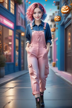 (A woman with pink and blue hair appears standing on the street: 1.4), (she wears blue denim overalls torn at her knees: 1.2), (The movie camera captures all her beauty), (small, short index fingers of golden ratio: 1.4), (beautiful and perfect hands of divine proportion, small index finger: 1.4): (Full body image of a teenage girl: 1.4), (with bright pink and blue hair colors: 1.4), (hair pink, bright blue: 1.4), Stunning 3D fantasy rendering, smile, (blue eyes: 1.4), (pale white skin: 1.4), (A beautiful young girl dressed to celebrate Halloween, every detail is captured with astonishing realism, the beautiful young woman is the protagonist of a Hollywood movie), (1 teenager: 1.4), (beautiful blue eyes: 1.4), glamorous two-tone hairstyle, forbidden beauty, hyperreal, cute flutter. aesthetic and detailed human. , curly hair, exceptionally beautiful, dating app with icons, high quality and high level of detail, hyper-realistic, sharp focus, natural lighting with subsurface scattering. f/2 aperture, 35mm focal length, film grain. High quality image and great detail, 8k resolution